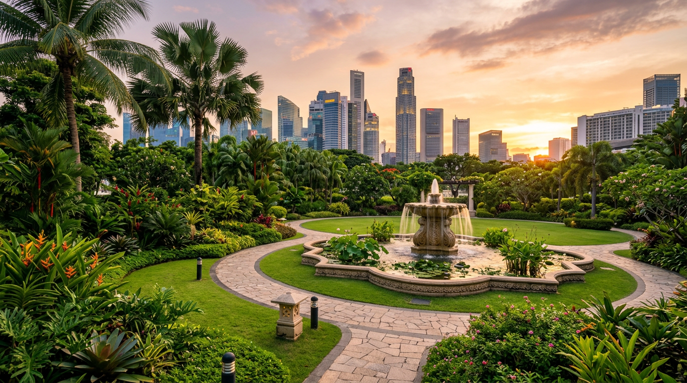 Families enjoying a tropical park with a children's water play area and lush greenery